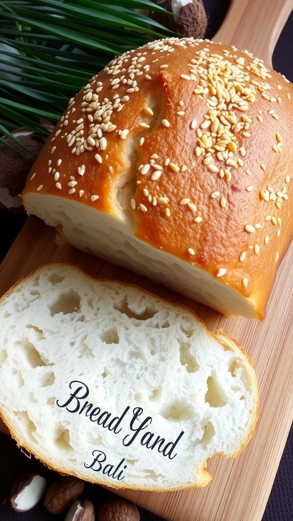 A golden brown loaf of Bread Yard Bali topped with sesame seeds, sliced to show its fluffy interior, on a wooden board with tropical elements.